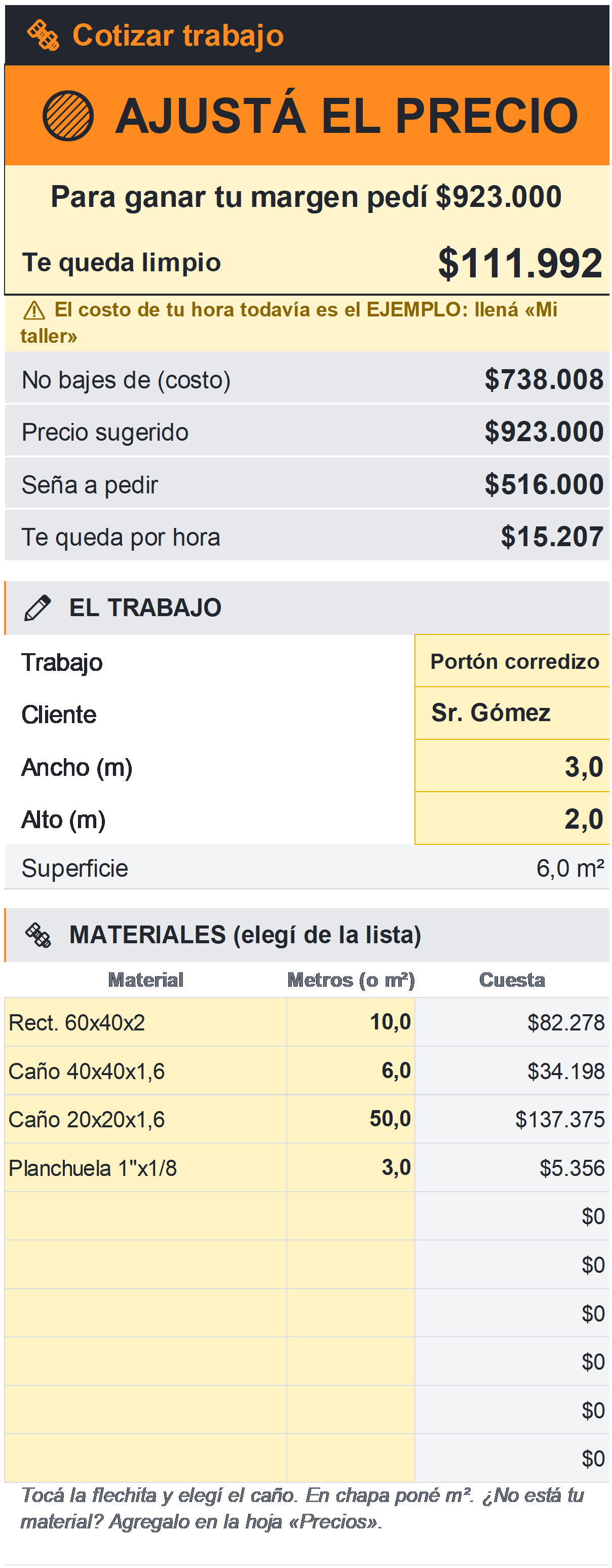 Presupuesto Justo en el celular: precio sugerido, seña y lo que te queda por hora