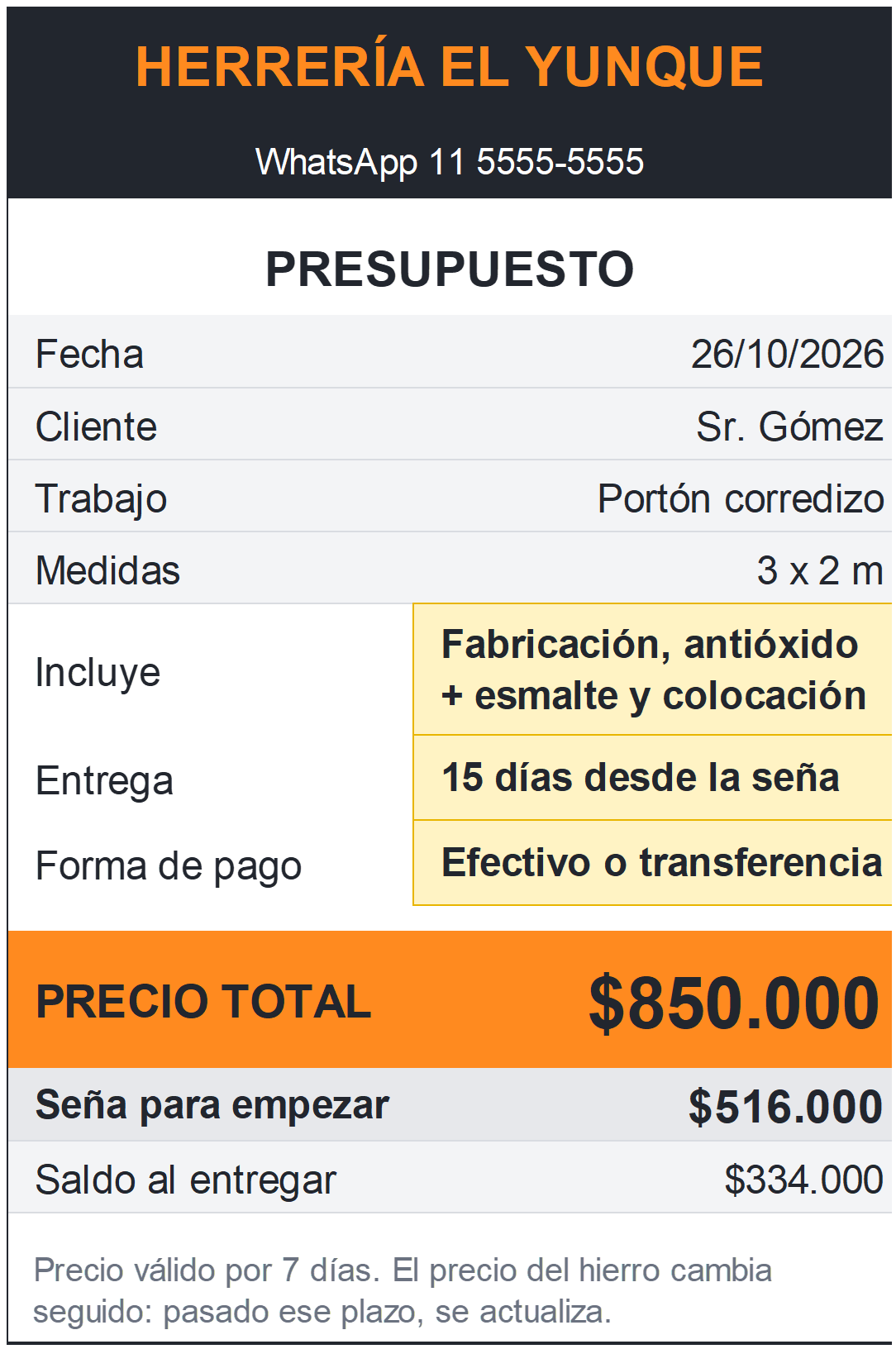Presupuesto para el cliente con el precio total, la seña y el saldo